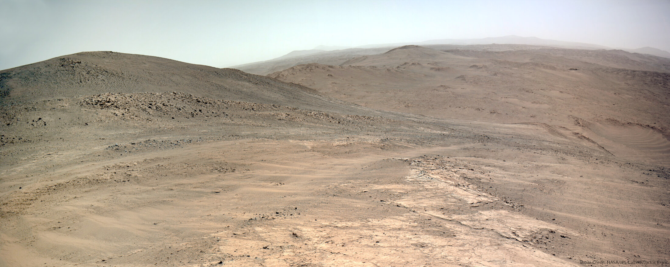 Mars Perseverance Sol 1408: L/R Navigation Cameras (Navcam) / enhanced panorama Feb. 4, 2025 (Sol 1408) / 13:48:21 local solar time source images: Mars_Perseverance_NRF_1408_0791939786_160ECM_N0680000NCAM03408_01_195J Mars_Perseverance_NRF_1408_0791939786_160ECM_N0680000NCAM03408_04_195J Image Credit: NASA/JPL-Caltech/Jackie Branc
